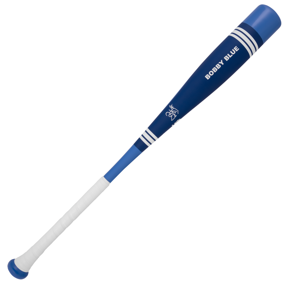The Victus 2025 Vibe Pro-Crayon Bobby Witt Jr (-10) USA Baseball Bat features a blue and white aluminum design with a vibration-reducing knob for pro-level swing performance.