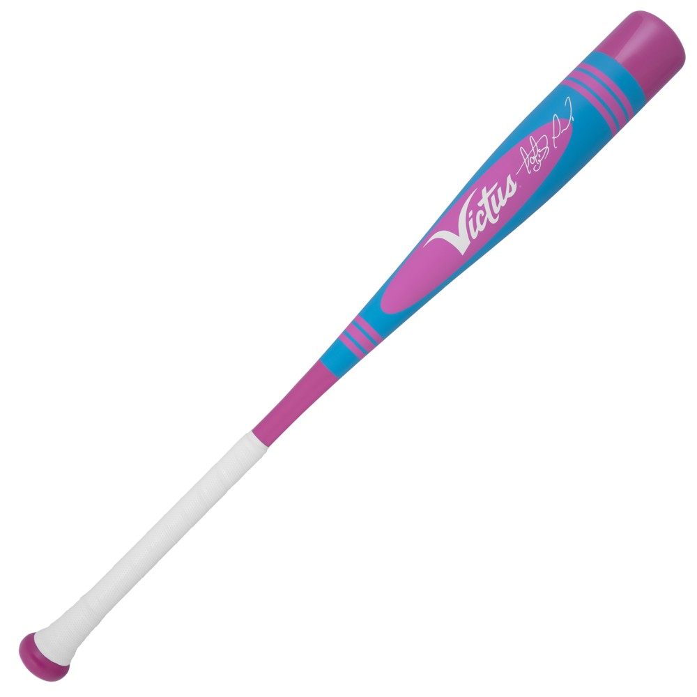 The 2025 Victus Vibe Pro-Crayon Fernando Tatis Jr (-10) bat features a white grip, purple handle, blue/purple barrel with turquoise stripes, white Victus logo, outlined graphic, and a comfort-focused vibration-reducing knob.