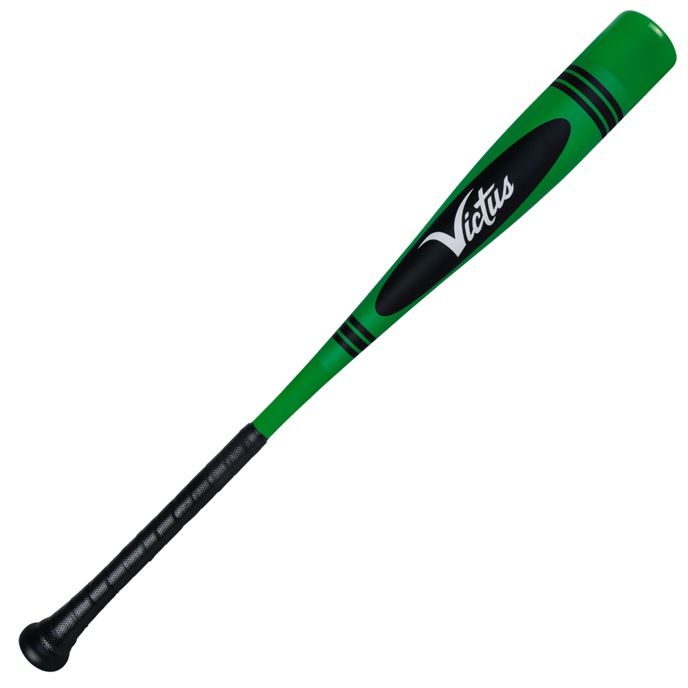 The 2025 Victus Vibe Crayon (-10) USA Baseball Bat by Victus features a green and black one-piece aluminum design, white “Victus” on the barrel, two black barrel stripes, a black grip, and a vibration-reducing knob for comfort.
