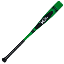 The 2025 Victus Vibe Crayon (-10) USA Baseball Bat by Victus features a green and black one-piece aluminum design, white “Victus” on the barrel, two black barrel stripes, a black grip, and a vibration-reducing knob for comfort.