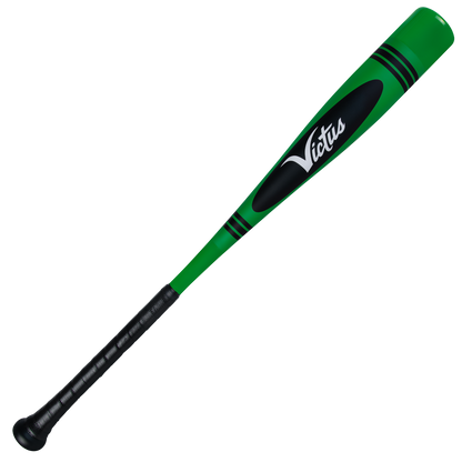 The 2025 Victus Vibe Crayon (-10) USA Baseball Bat by Victus features a green and black one-piece aluminum design, white “Victus” on the barrel, two black barrel stripes, a black grip, and a vibration-reducing knob for comfort.