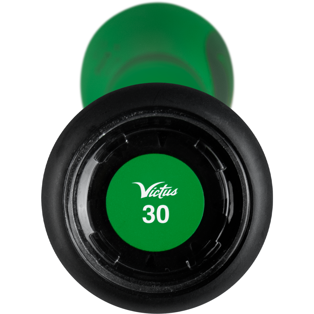 Close-up of the 2025 Victus Vibe Crayon (-10) USA Baseball Bat knob, showing a green cap with a white Victus logo and number 30. The matching green handle above features a vibration-reducing knob for better comfort.