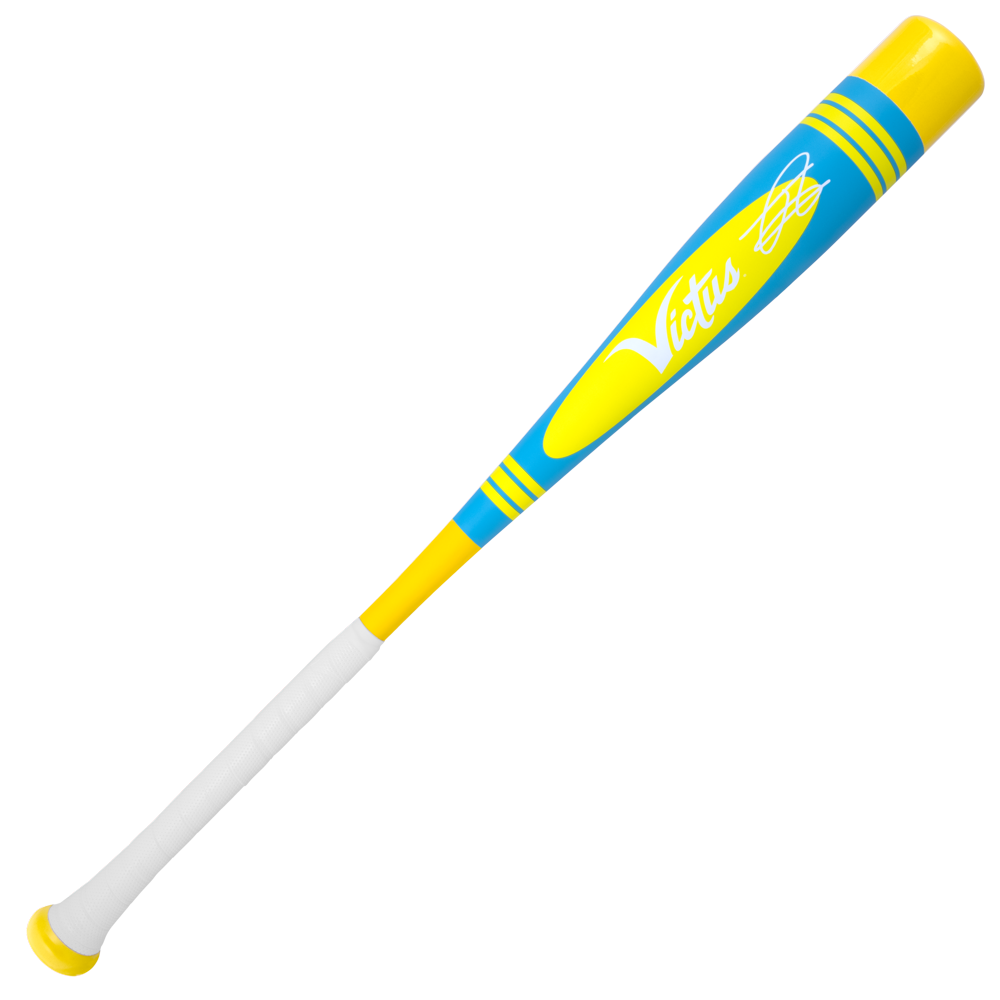 The 2025 Victus Vibe Pro-Crayon Julio Rodriguez (-10) USA Baseball Bat features a bright blue and yellow design, white script logo, white grip, yellow stripes, autograph graphic on the barrel, and a vibration-reducing knob for comfort.