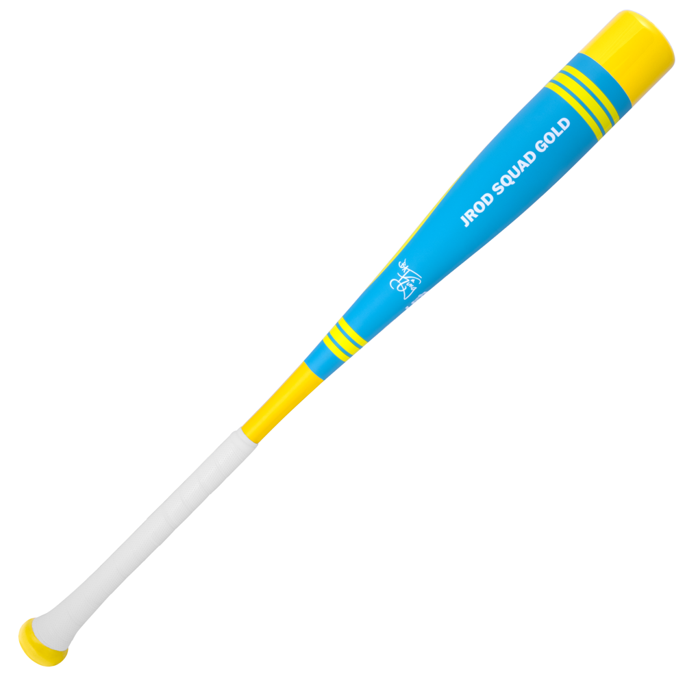 The 2025 Victus Vibe Pro-Crayon Julio Rodriguez (-10) USA Baseball Bat by Victus features a vibrant blue barrel with "JROD SQUAD GOLD" in white, yellow stripes, a yellow handle, white grip, and a vibration reducing knob for comfort.