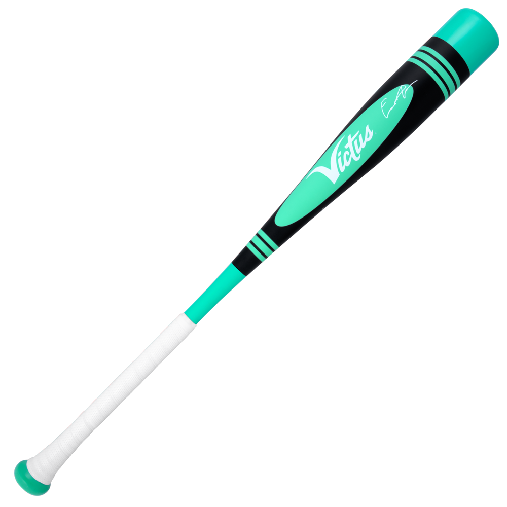 The 2025 Victus Vibe Pro-Crayon King of Juco (-10) USA Baseball Bat features a teal and black aluminum design, white grip tape, vibration-reducing knob, and “Victus” and “FA” in white script on the bat.