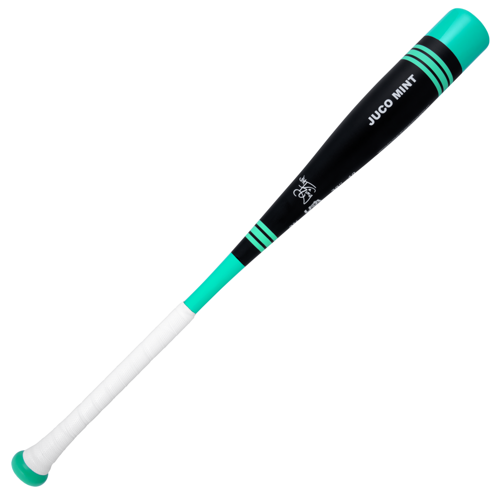 The Victus 2025 Vibe Pro-Crayon King of Juco (-10) USA Baseball Bat (VSBVIB10CU-KJ) features black and teal aluminum with white grip tape, teal accents, "JUCO MINT" on the barrel, and a vibration reducing knob for comfort.