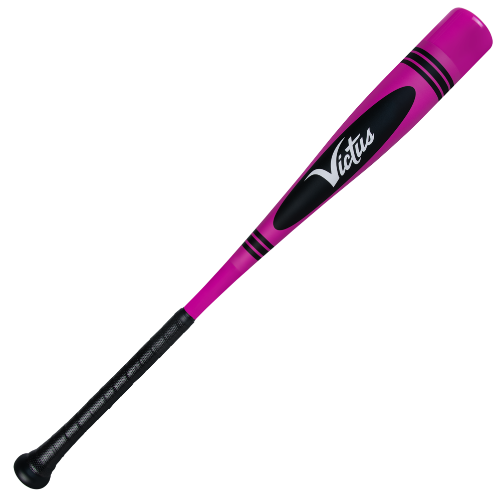 The 2025 Victus Vibe Crayon (-10) USA Baseball Bat features a pink and black one-piece aluminum design with Victus branding, vibration-reducing knob, black grip tape, and two black stripes near the barrel end.