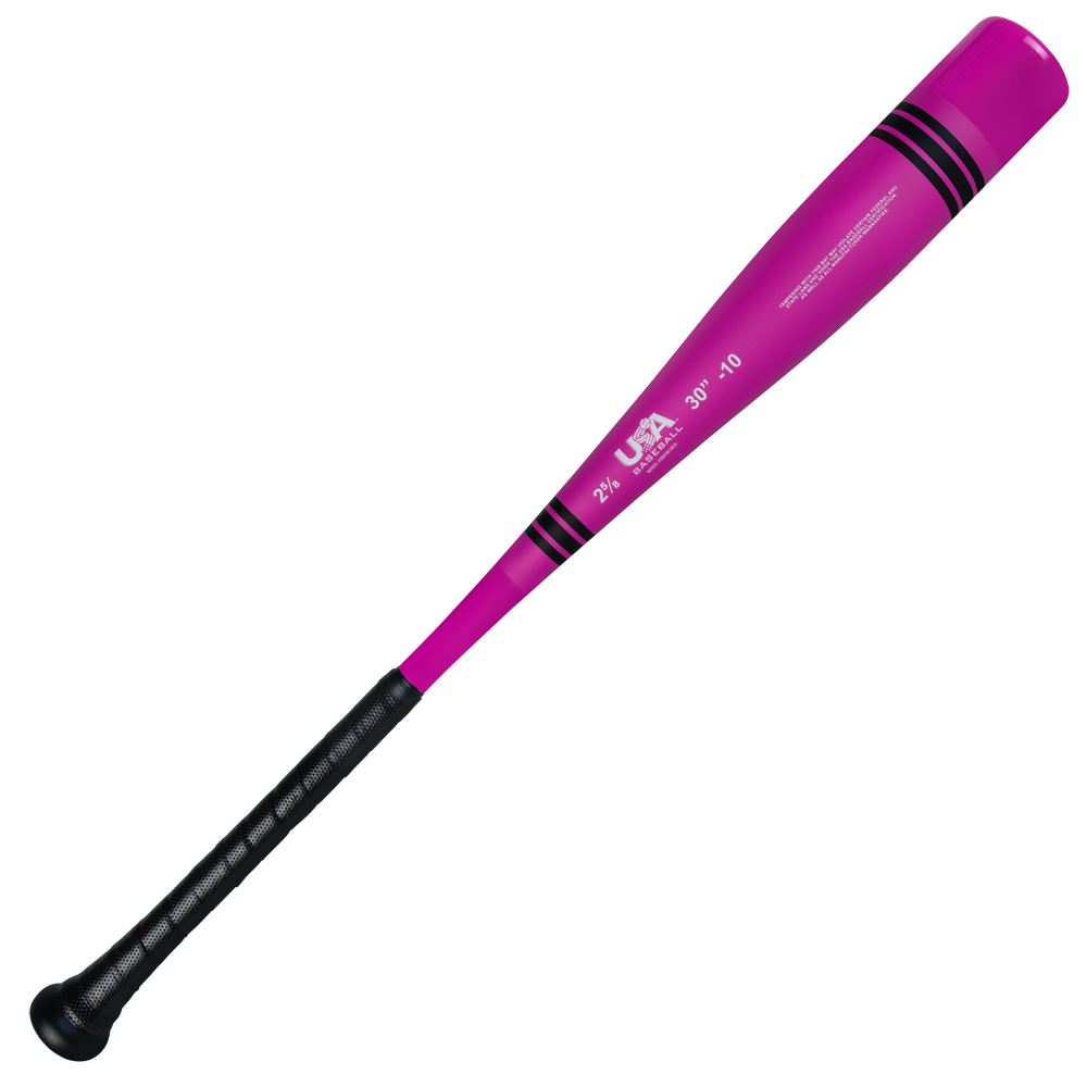 The 2025 Victus Vibe Crayon (-10) USA Baseball Bat by Victus features a pink design with black stripes, a black grip handle, white specs text on the side, and a vibration-reducing knob. It's a one-piece aluminum bat set against a plain white background.