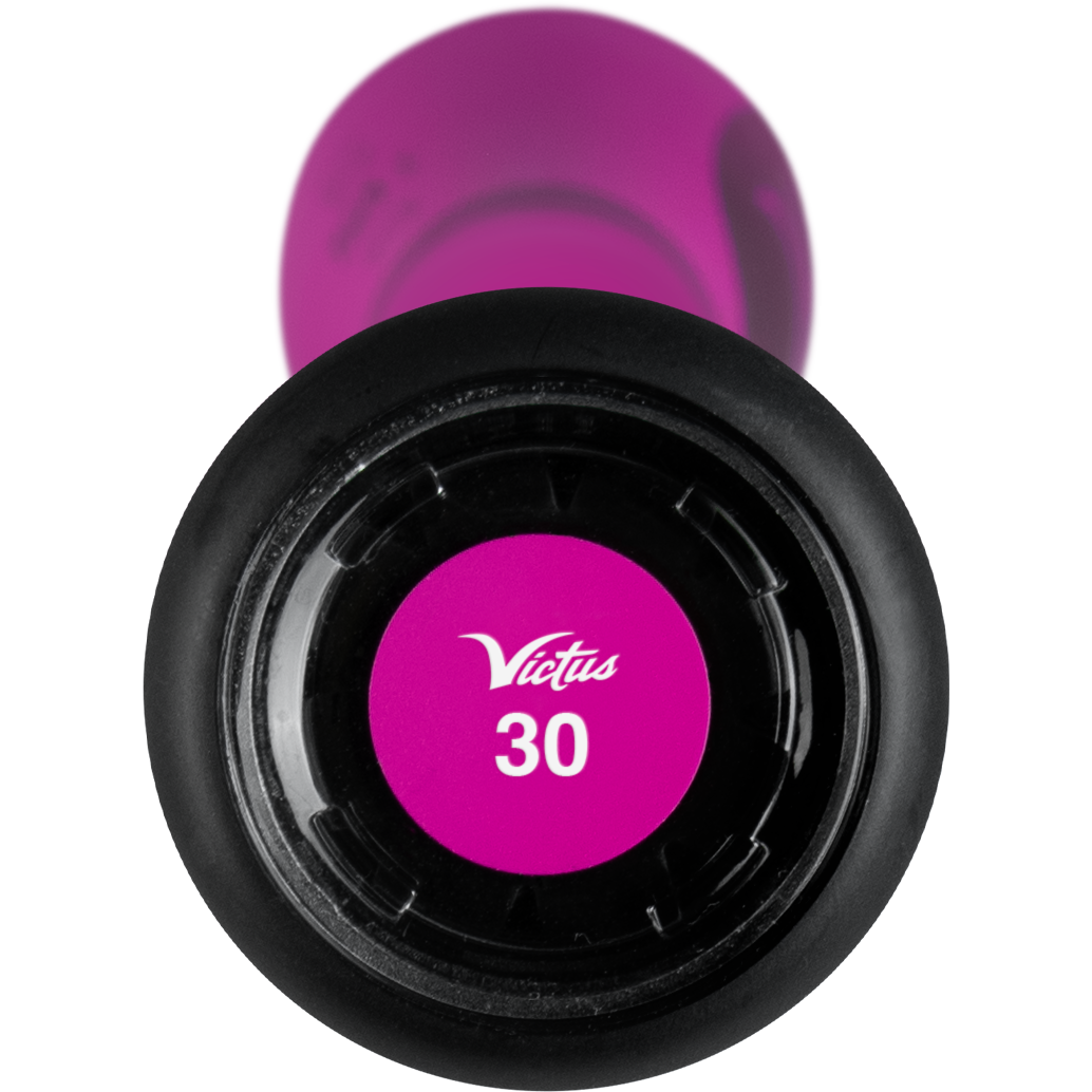 Close-up of the 2025 Victus Vibe Crayon (-10) USA Baseball Bat knob, showing a purple end cap with "Victus" and "30" printed on it to indicate the bat’s size.