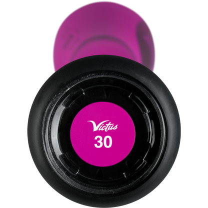 Close-up of the 2025 Victus Vibe Crayon (-10) USA Baseball Bat knob, showing a purple end cap with "Victus" and "30" printed on it to indicate the bat’s size.