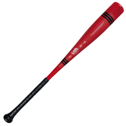 The 2025 Victus Vibe Crayon (-10) 2 5/8" USA Baseball Bat (VSBVIB10CU) is a red, one-piece aluminum bat with black stripes near the barrel, a black grip, white spec text, and a vibration-reducing knob. Plain white background.