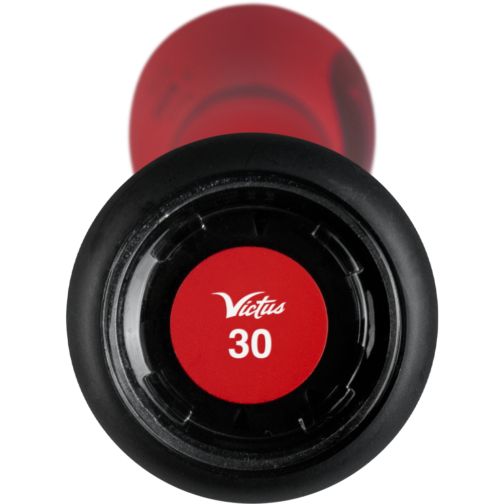 Close-up of the 2025 Victus Vibe Crayon (-10) USA Baseball bat's red end cap, showing the Victus logo and number 30 in white, plus a vibration-reducing knob for added comfort.