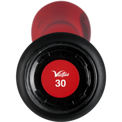 Close-up of the 2025 Victus Vibe Crayon (-10) USA Baseball bat's red end cap, showing the Victus logo and number 30 in white, plus a vibration-reducing knob for added comfort.