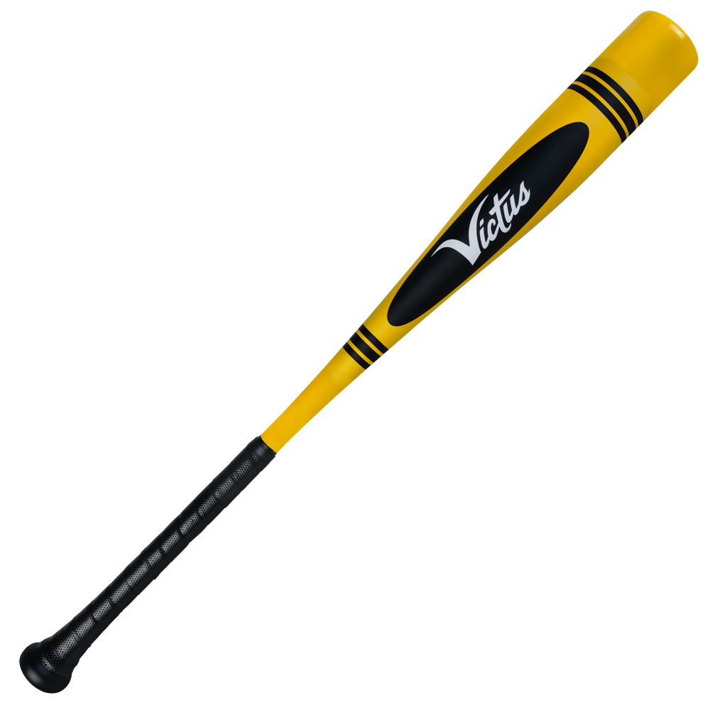 The 2025 Victus Vibe Crayon (-10) USA Baseball Bat features a yellow and black one-piece aluminum design with the Victus brand on the barrel, a black textured grip, vibration-reducing knob, and two bold black stripes near the end.