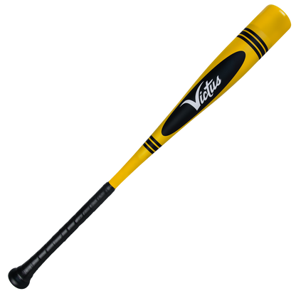The 2025 Victus Vibe Crayon (-10) USA Baseball Bat features a yellow and black one-piece aluminum design with the Victus brand on the barrel, a black textured grip, vibration-reducing knob, and two bold black stripes near the end.