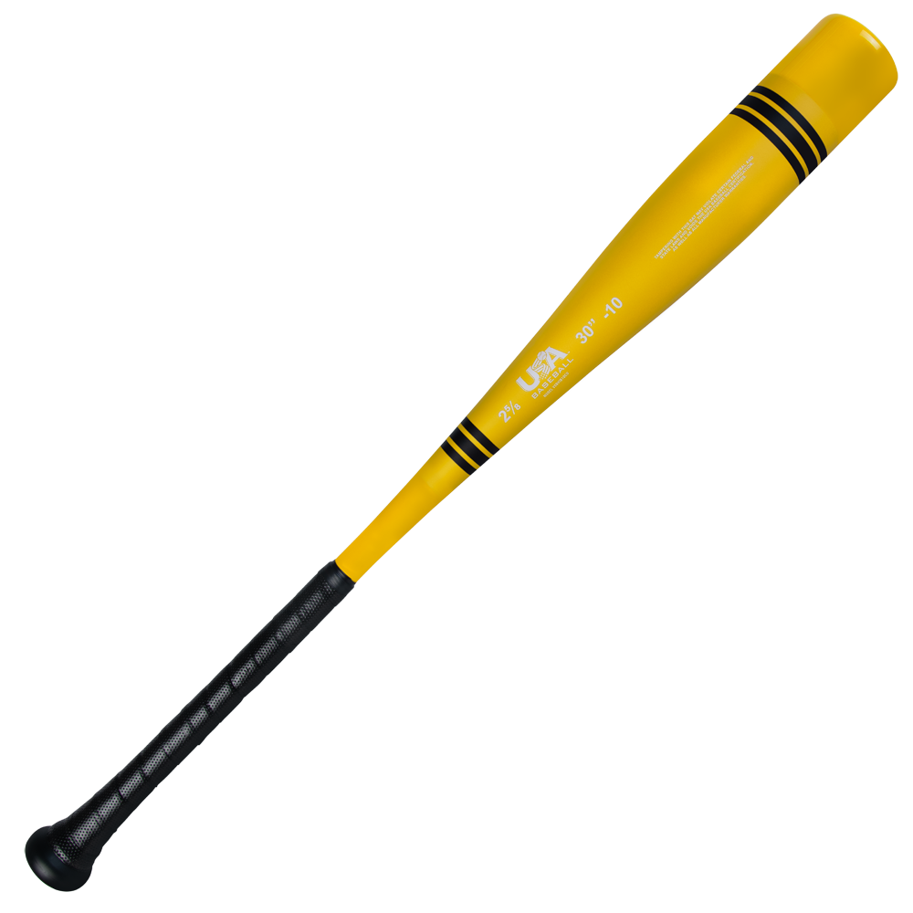 The 2025 Victus Vibe Crayon (-10) USA Baseball Bat by Victus features a yellow one-piece aluminum design with black stripes near the barrel, a black handle grip, and vibration reducing knob, shown on a white background.