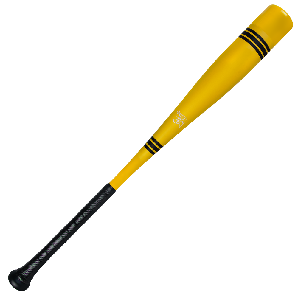 The 2025 Victus Vibe Crayon (-10) USA Baseball Bat by Victus is a yellow, one-piece aluminum bat with a black grip, two black barrel stripes, and a vibration-reducing knob, shown on a white background.