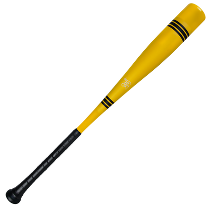 The 2025 Victus Vibe Crayon (-10) USA Baseball Bat by Victus is a yellow, one-piece aluminum bat with a black grip, two black barrel stripes, and a vibration-reducing knob, shown on a white background.