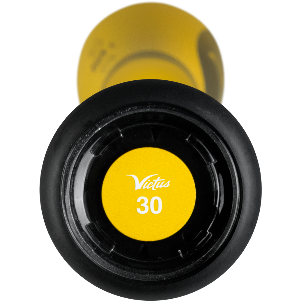 Close-up of the knob end of a yellow and black Victus 2025 Vibe Crayon (-10) USA Baseball Bat, displaying the logo and the number 30 on its circular end cap.