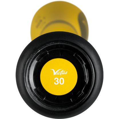 Close-up of the knob end of a yellow and black Victus 2025 Vibe Crayon (-10) USA Baseball Bat, displaying the logo and the number 30 on its circular end cap.