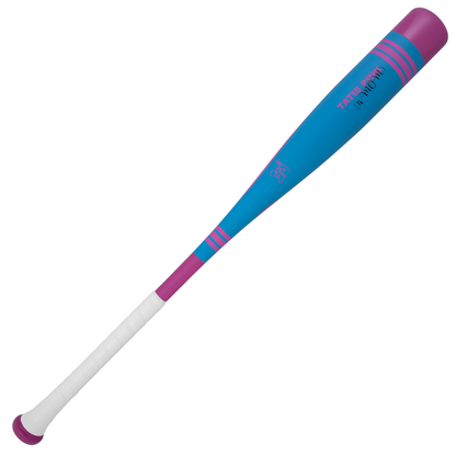 The 2025 Victus Vibe Pro-Crayon Fernando Tatis Jr (-5) USSSA bat by Victus features a blue barrel with pink stripes and text, a pink handle, white tape-wrapped grip, one-piece aluminum design, and a vibration-reducing knob for comfort.
