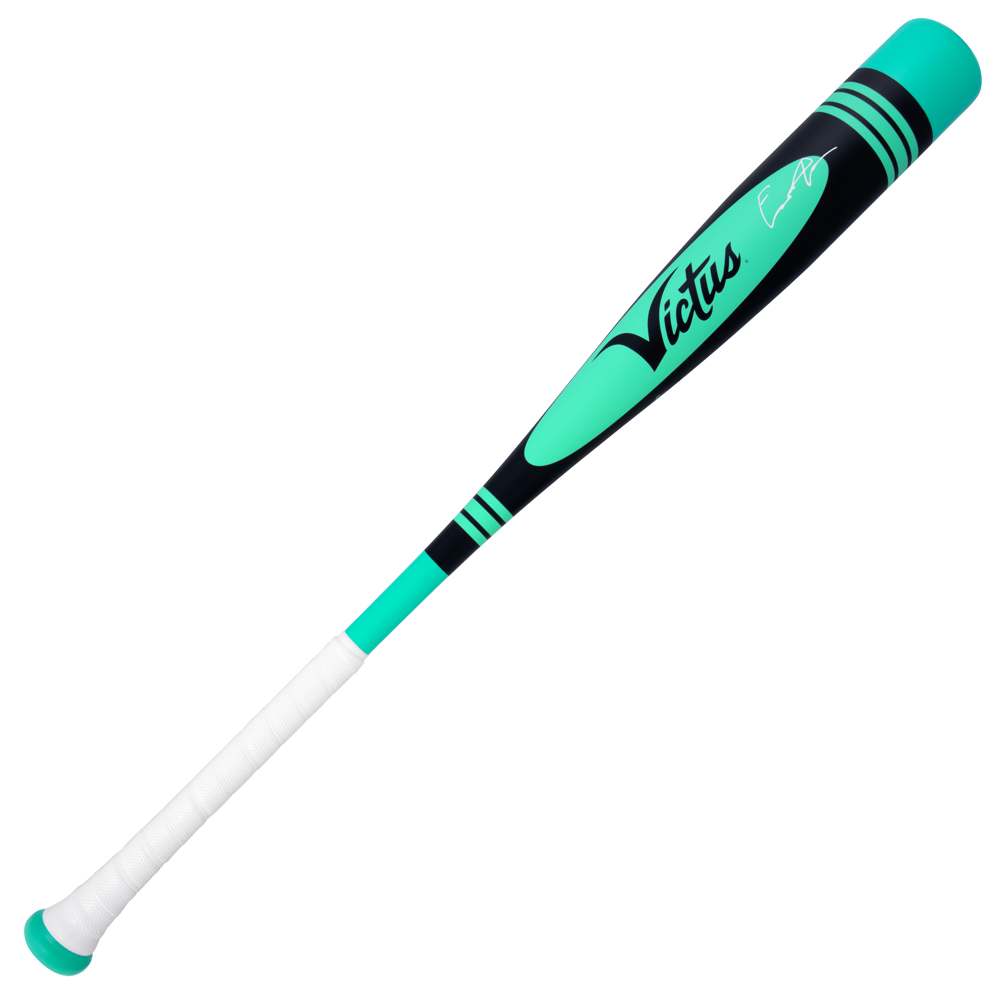 The 2025 Victus Vibe Pro-Crayon King of Juco (-5) USSSA bat features a teal and black one-piece aluminum design, script Victus branding, black stripes near the barrel, a vibration-reducing knob, and a white grip.