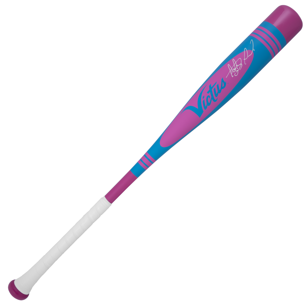 The 2025 Victus Vibe Pro-Crayon Fernando Tatis Jr (-8) USSSA Baseball Bat features a blue and purple one-piece aluminum design, white grip tape, Victus logo, signature on the barrel, and a vibration-reducing knob for comfort.