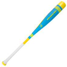 The 2025 Victus Vibe Pro-Crayon Julio Rodriguez (-8) USSSA bat by Victus features a blue and yellow design with PROSQUAD GOLD, a white grip, yellow stripes on barrel and handle, and a vibration-reducing knob for comfort.