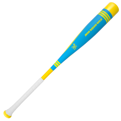 The 2025 Victus Vibe Pro-Crayon Julio Rodriguez (-8) USSSA bat by Victus features a blue and yellow design with PROSQUAD GOLD, a white grip, yellow stripes on barrel and handle, and a vibration-reducing knob for comfort.