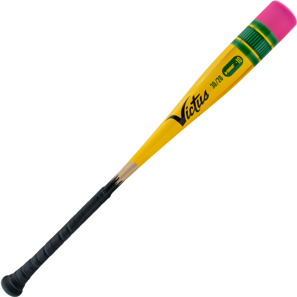 The 2025 Victus Vibe Pencil (-10) USA Baseball Bat by Victus is a yellow, one-piece aluminum bat styled like a pencil with a black grip (eraser end), pink eraser on top, and "Victus" printed on the side.