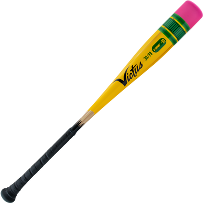 The 2025 Victus Vibe Pencil (-10) USA Baseball Bat by Victus is a yellow, one-piece aluminum bat styled like a pencil with a black grip (eraser end), pink eraser on top, and "Victus" printed on the side.