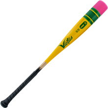 The 2025 Victus Vibe Pencil (-10) USSSA bat features a yellow one-piece aluminum design with a black grip, green barrel stripes, pink end cap, green brand/model details, and is made from performance alloy.