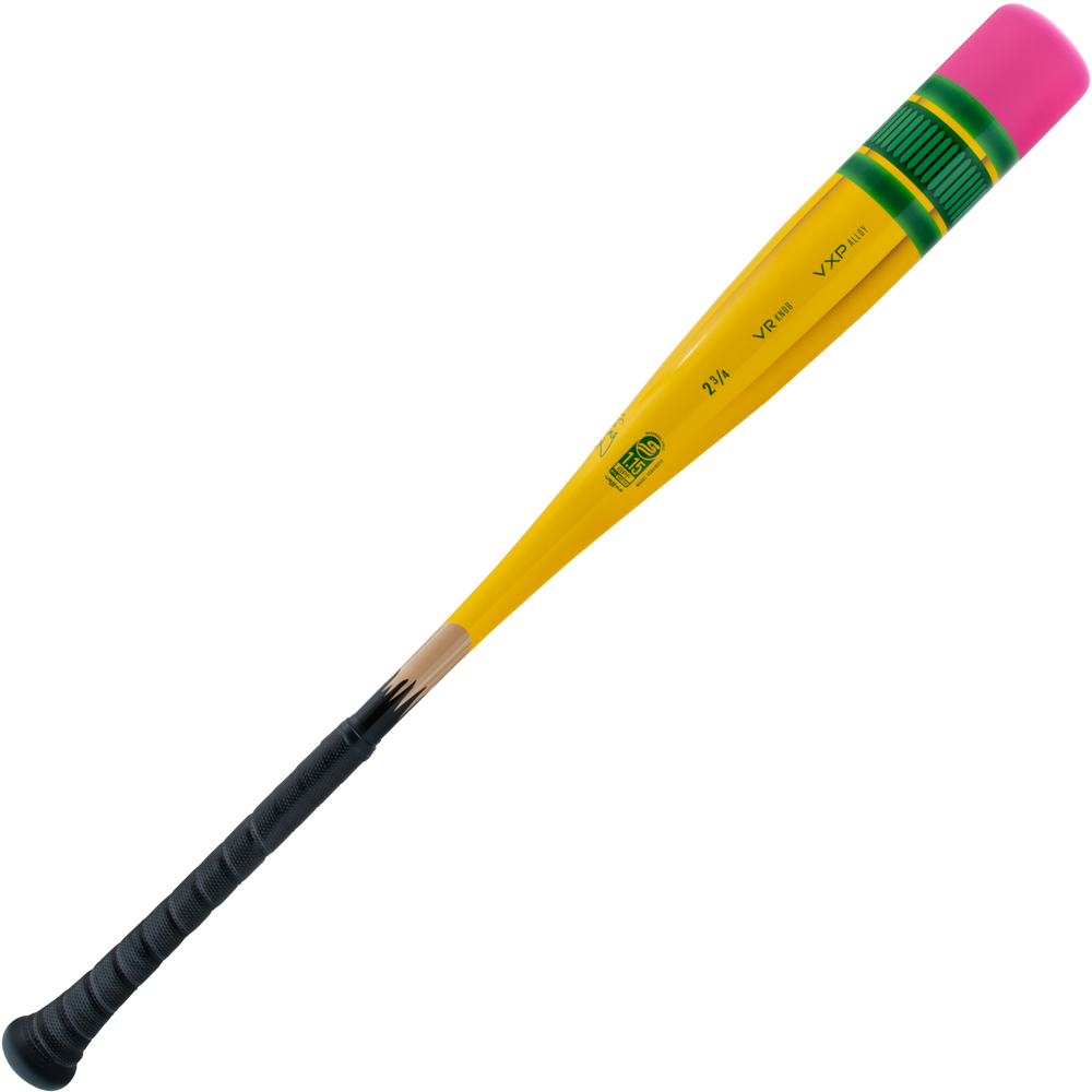 The 2025 Victus Vibe Pencil (-10) USSSA Baseball Bat by Victus features a one-piece aluminum design with a black grip, yellow barrel, green accents, pink end cap, and a vibration reducing knob for comfort, shown on a white background.