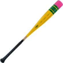 The 2025 Victus Vibe Pencil (-5) USSSA Baseball Bat, by Victus, is a one-piece aluminum bat with a black grip, yellow body, green barrel accents, and a bright pink tip for extreme performance alloy construction. Displayed on a white background.