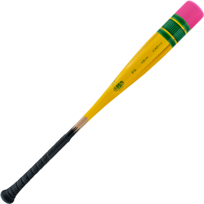 The 2025 Victus Vibe Pencil (-5) USSSA Baseball Bat, by Victus, is a one-piece aluminum bat with a black grip, yellow body, green barrel accents, and a bright pink tip for extreme performance alloy construction. Displayed on a white background.