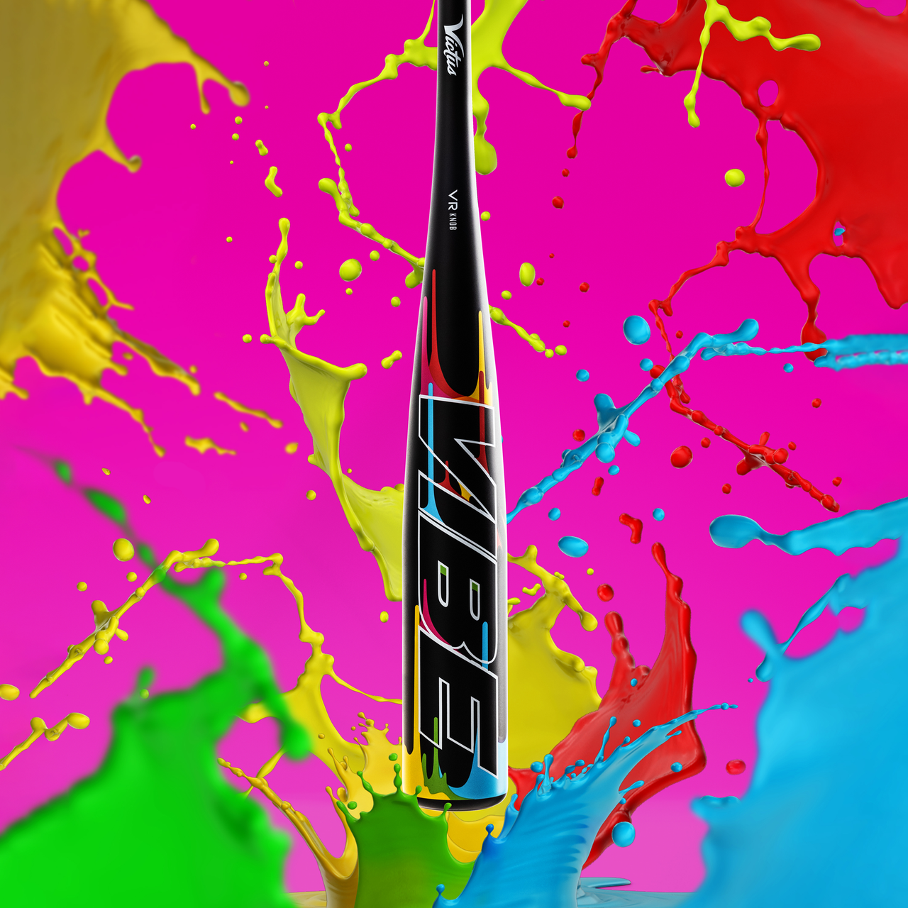 The 2025 Victus Vibe (-3) BBCOR Baseball Bat (VCBVIB) by Victus stands upright in black aluminum with bold "VIBE" lettering, set against a bright pink background and colorful splashes of green, yellow, blue, and red paint.
