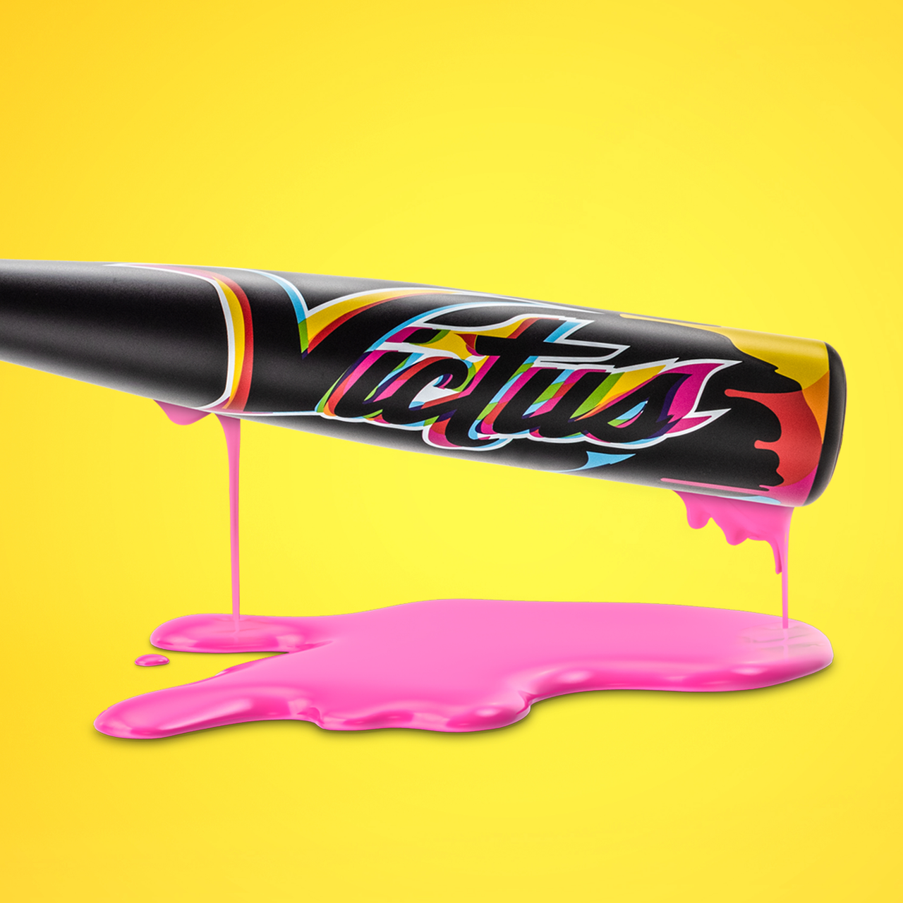 The 2024 Victus Vibe (-8) 2 3/4" USSSA Baseball Bat (VSBVIB8) is a black one-piece aluminum bat with pink paint accents and a vibration reducing knob for comfort.