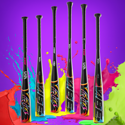 Six vibrant Victus Vibe (-10) USA Baseball Bats (VSBVIB10USA) stand upright on a purple, paint-splashed background. Each one-piece aluminum bat features vibration-reducing knobs and showcases bold VIBE and LITTA logos.
