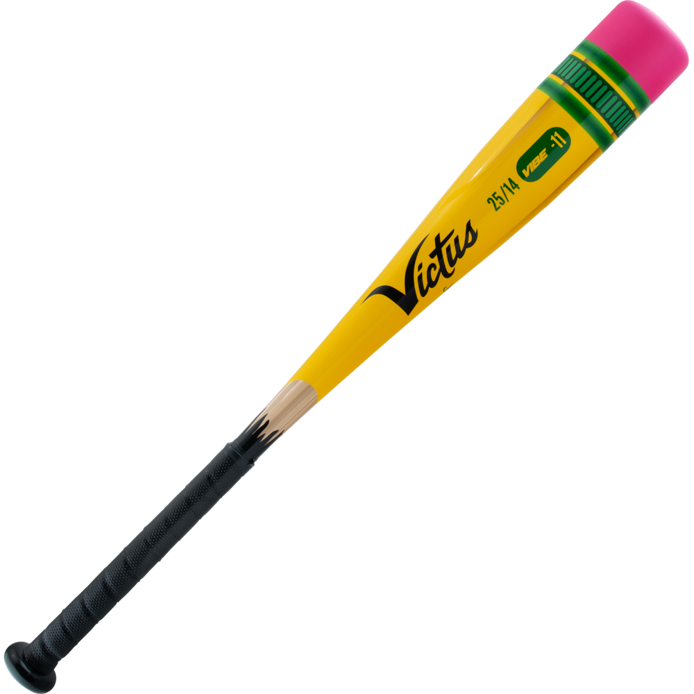The 2025 Victus Vibe Pencil (-11) USA Tee Ball Bat features a one-piece aluminum build styled like a yellow pencil with a pink eraser, green band, and black grip. “Victus” and “Vandal 30” are printed on this unique bat.