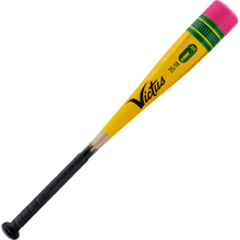 The 2025 Victus Vibe Pencil (-11) USA Tee Ball Bat features a one-piece aluminum build styled like a yellow pencil with a pink eraser, green band, and black grip. “Victus” and “Vandal 30” are printed on this unique bat.