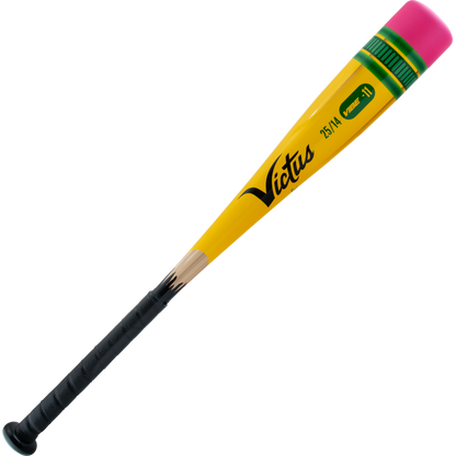 The 2025 Victus Vibe Pencil (-11) USA Tee Ball Bat features a one-piece aluminum build styled like a yellow pencil with a pink eraser, green band, and black grip. “Victus” and “Vandal 30” are printed on this unique bat.