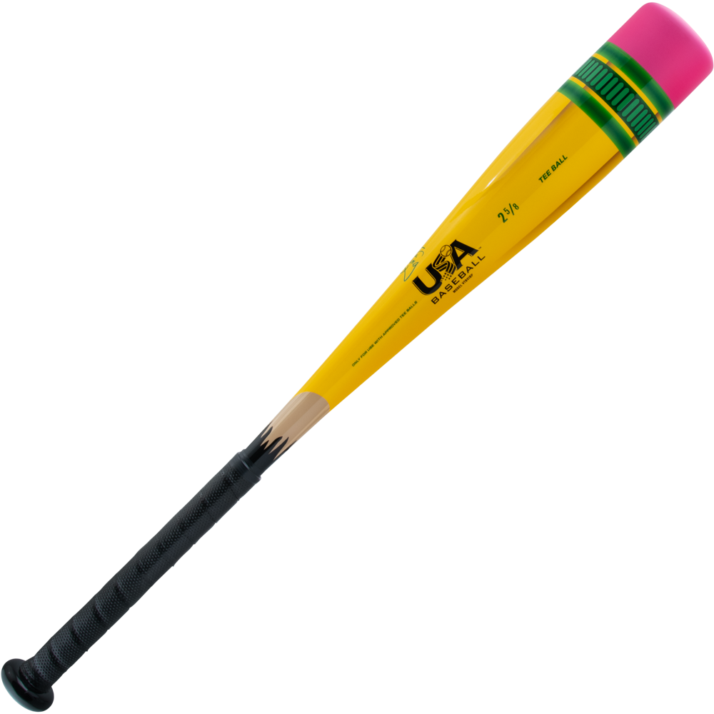 The 2025 Victus Vibe Pencil (-11) Tee Ball Bat by Victus features a one-piece aluminum build styled like a yellow pencil, complete with a pink eraser cap, green/gold bands, sharpened tip, black grip handle, and vibration-reducing knob.