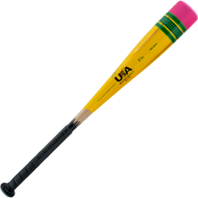 The 2025 Victus Vibe Pencil (-11) Tee Ball Bat by Victus features a one-piece aluminum build styled like a yellow pencil, complete with a pink eraser cap, green/gold bands, sharpened tip, black grip handle, and vibration-reducing knob.