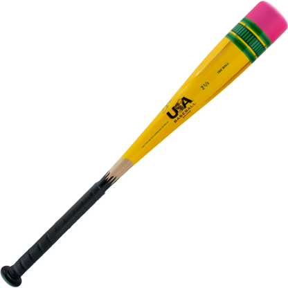 The 2025 Victus Vibe Pencil (-11) Tee Ball Bat by Victus features a one-piece aluminum build styled like a yellow pencil, complete with a pink eraser cap, green/gold bands, sharpened tip, black grip handle, and vibration-reducing knob.