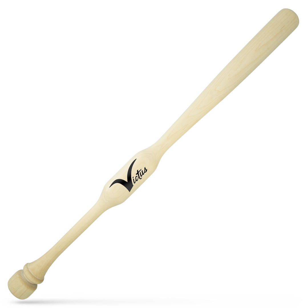 The Victus Two-Hand Trainer Bat: VTWM2HT-UN is a wooden bat with a natural finish and black Victus logo on the barrel, perfect for batting practice and improving your swing, shown isolated on a white background.