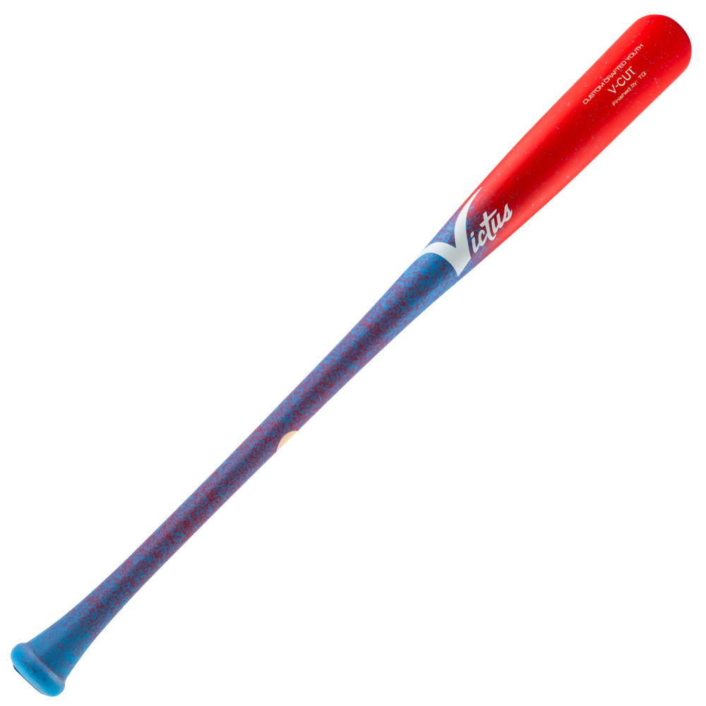 A Victus V-Cut Youth Wood Bat: VYFPC with a red barrel and a textured baby blue handle.
