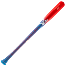 A Victus V-Cut Youth Wood Bat: VYFPC with a red barrel and a textured baby blue handle.