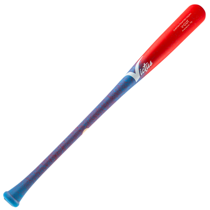 A Victus V-Cut Youth Wood Bat: VYFPC with a red barrel and a textured baby blue handle.