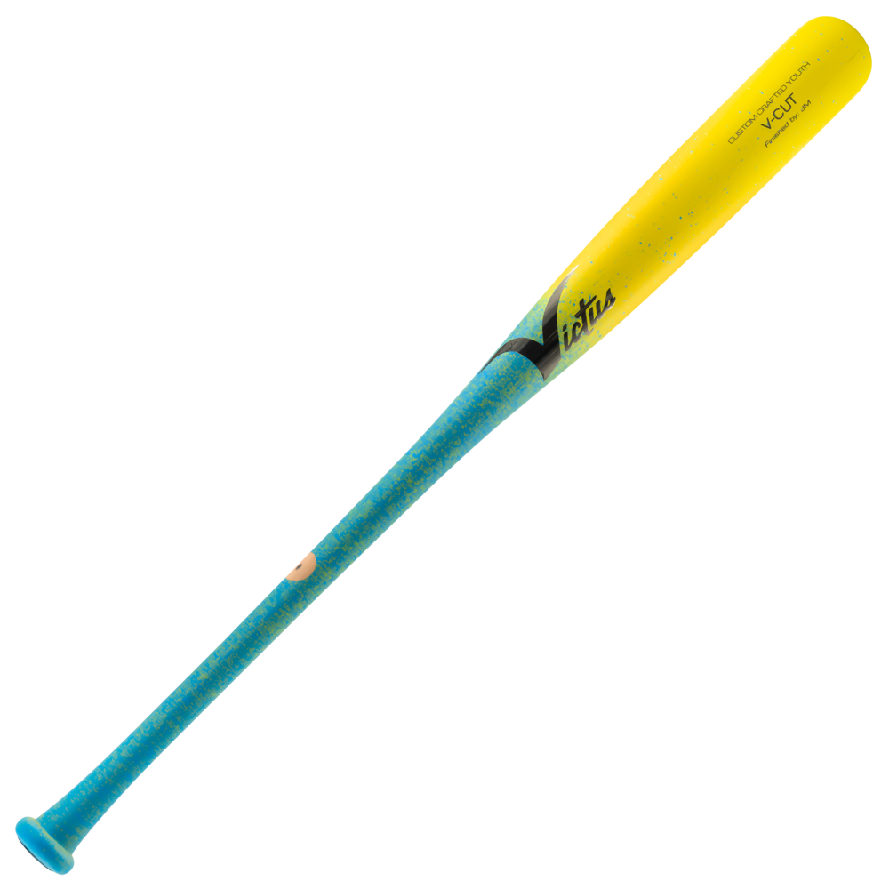 Victus V-Cut Youth Wood Bat: VYFPC with a baby blue handle and a bright yellow barrel.