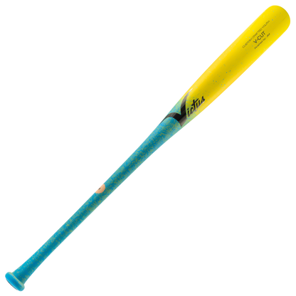 Victus V-Cut Youth Wood Bat: VYFPC with a baby blue handle and a bright yellow barrel.